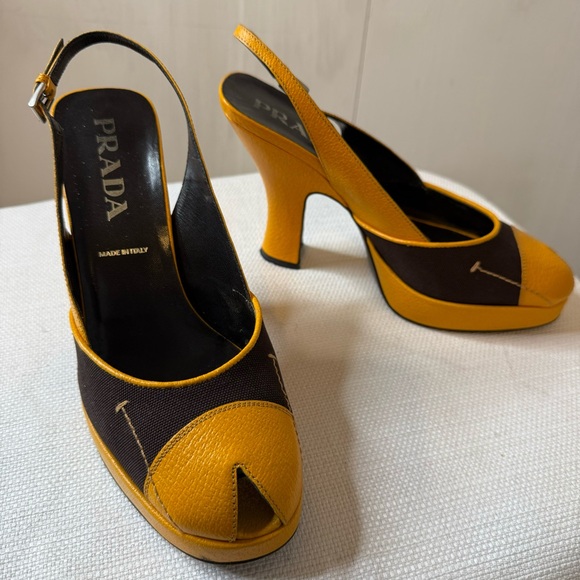 PRADA Brown & Mustard Yellow Leather Textile Heels 8.5 - Picture 3 of 16